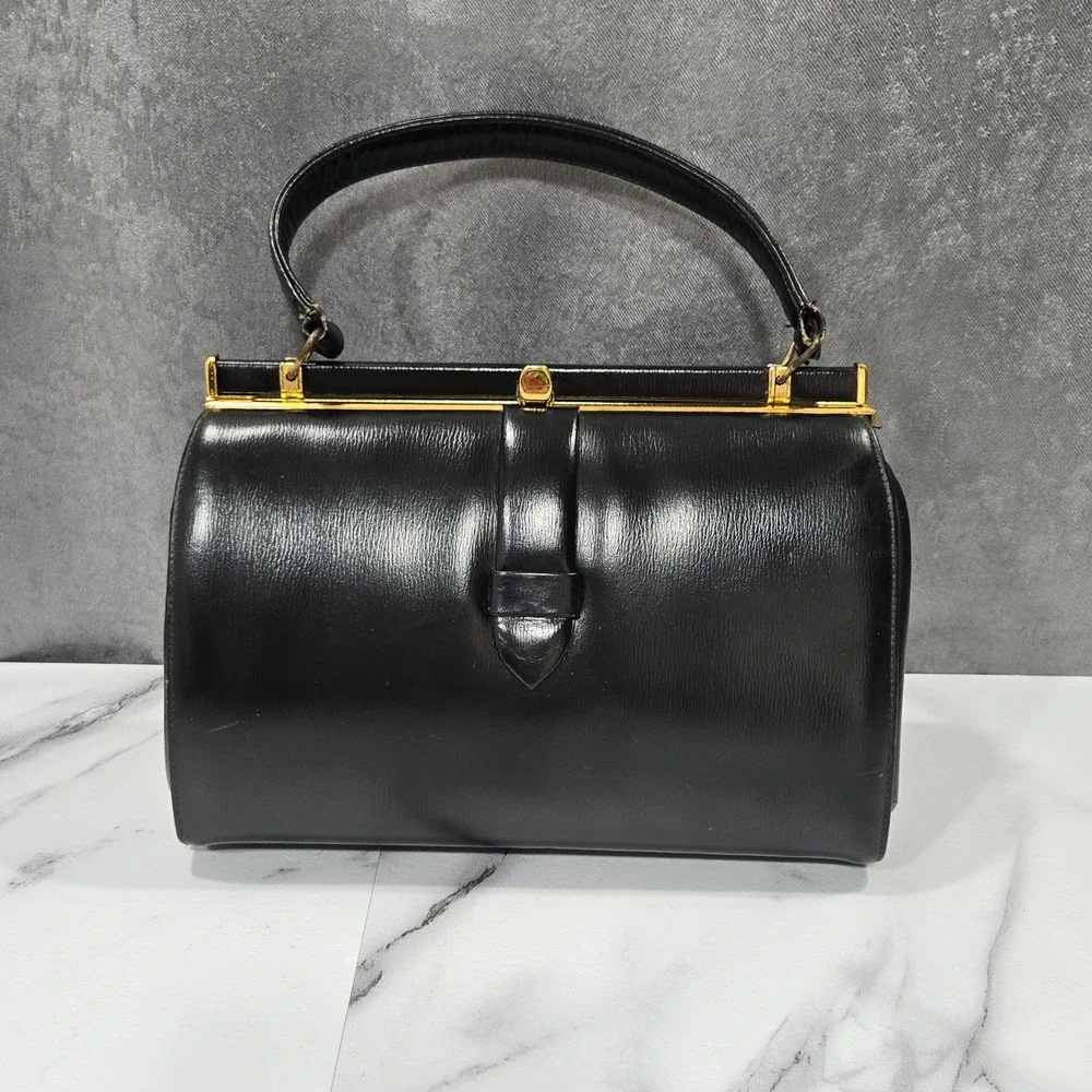 VTg 50s 60s Black Leather Kelly Frame Handbag Top Handle Purse Canada Mad Men